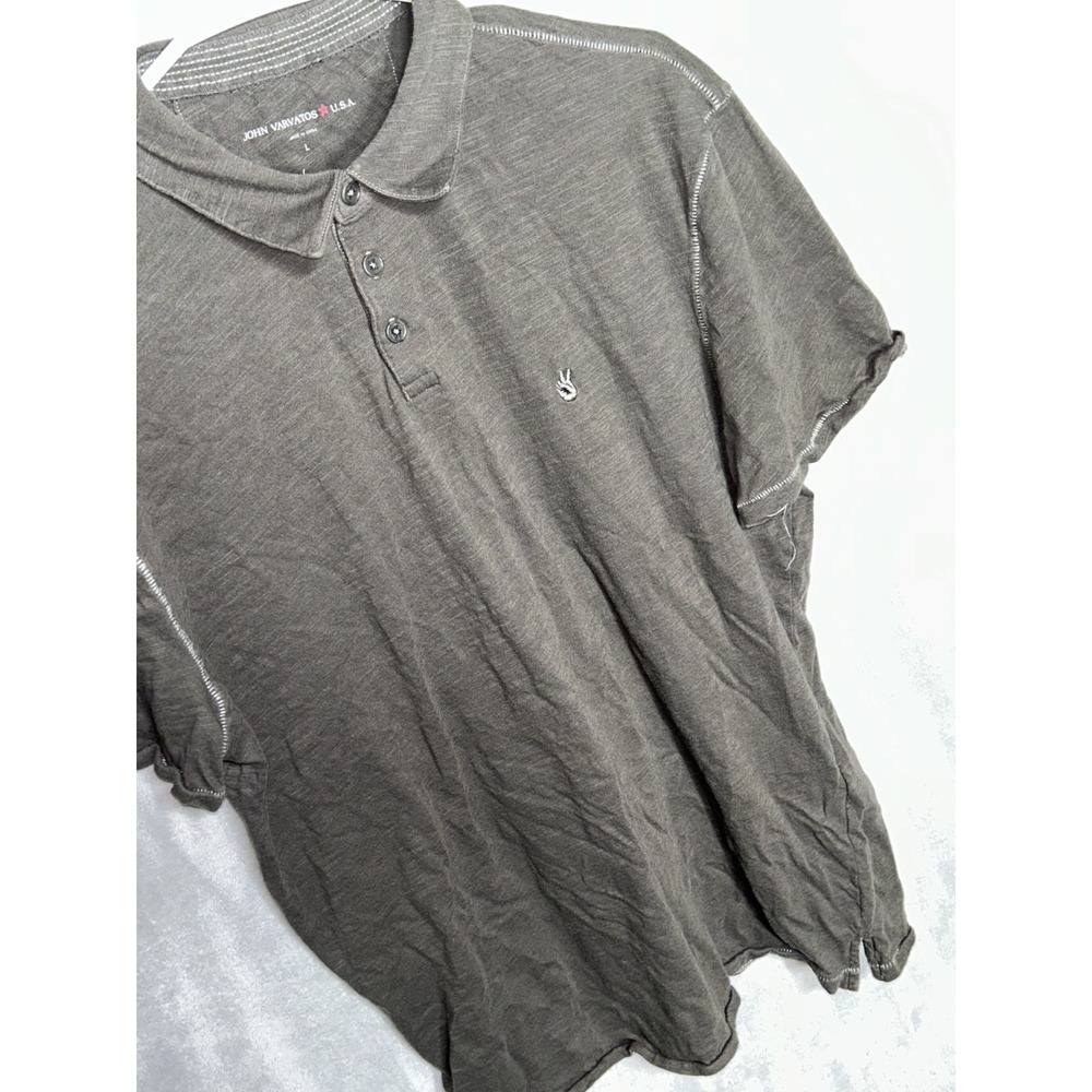 John Varvatos Shirt Mens Large Peace Sign Polo Washed Gray USA Short Sleeve